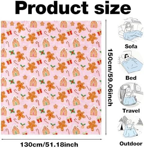 Pink Gingerbread Christmas Throw Blanket, Soft Lightweight Candy Cane Xmas Flannel Blanket for Winter Holiday Couch Sofa Bed Chair Living Rooms Home Decor Gifts 50 x 60 Inch - Image 2