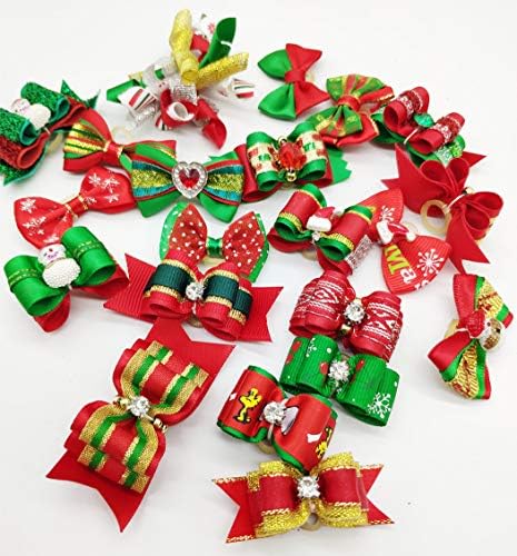 100pcs Dog Puppy Cat Christmas 3D Rhinestone Hair Bows with Rubber Bands Flat Pet Xmas Grooming Accessories - Image 3