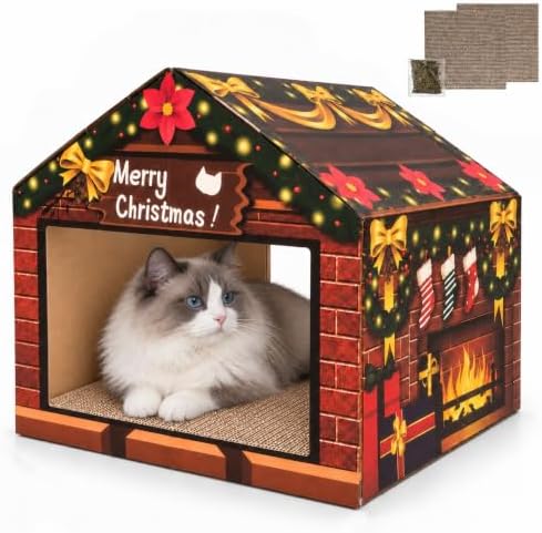 Fireplace Christmas Cat House, Cozy Hideaway with 2 Scratchers & Catnip by Unknown