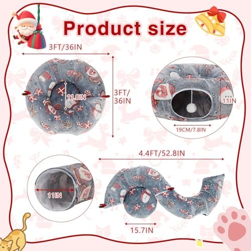 Cat Tunnel Christmas Tree Skirt, Plush Donut Bed for Cats, Grey - Image 4