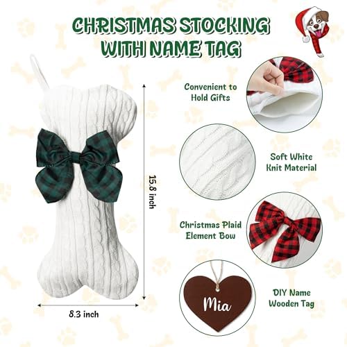 WATINC Pet Christmas Stockings Personalized - 3 Pack Large Bone Shape Stocking with Wooden Name Tag, Pet Dog Knit Christmas Hanging Stockings for Xmas Eve Party Fireplace Tree Gift Decoration - Image 3