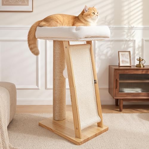 27.5" 3-in-1 Natural Pine Wood Cat Scratching Post for Small Medium Cats by Famifit