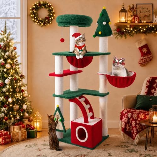 SHA CERLIN 67in Tall Cat Tree/Climbing Tower with Top Perch, Hammock, Sisal Scratching Posts/Cute Condo for Indoor Kitties/Pet Feline House/Activity Center/Christmas Decor/Green & Red - Image 2