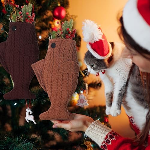 Coume 3 Pcs Cat Xmas Fish Stocking 15.7 in, Brown Series, Knitting - Image 4