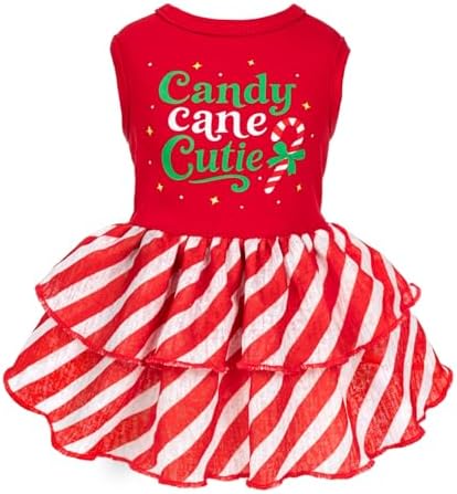 Fitwarm Candy Cane Cutie Dog Tiered Dress, Christmas Outfit for Small Dogs Girl, Funny Holiday Pet Clothes, Red, White, Green, Medium by Fitwarm