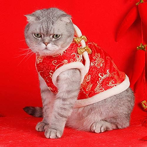 SEIS New Year Cat Knot Buttons Coat Dogs Cheongsam Winter Pet Clothes Vest of the Tang Dynasty Christmas Costume for Cats Teddy Bichon Small Medium Dogs (White, M (Chest Circumference 55cm/ 21.6")) - Image 2