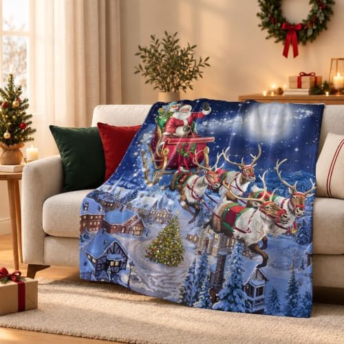 Neasow Christmas Throw Blanket, Santa Claus and Reindeer Sleigh Christmas Eve Moon Design Soft Fuzzy Cozy Flannel Blanket Gift for Family and Friends Home Sofa Couch Chair Decorative 50x60 Inch - Image 6