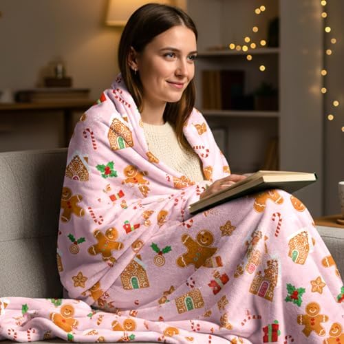 Pink Gingerbread Christmas Throw Blanket, Soft Lightweight Candy Cane Xmas Flannel Blanket for Winter Holiday Couch Sofa Bed Chair Living Rooms Home Decor Gifts 50 x 60 Inch - Image 4