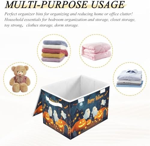 Bolaz Storage Bins with Lids and Handles,Halloween Background with Pumpkins Ghosts and Cemetary Storage Box Storage Basket with Cover Collapsible Organizer Containers for Home Closet, Shelves - Image 7
