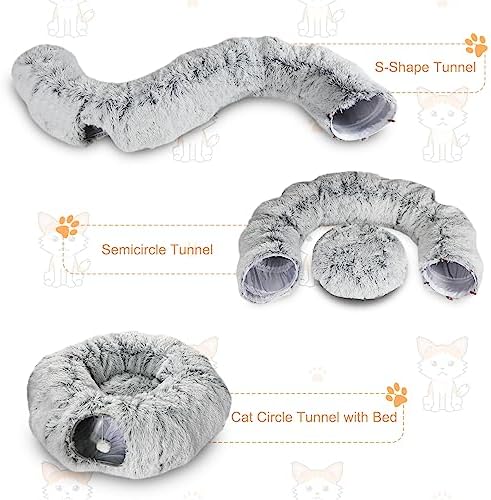 Plush Cat Tunnel Bed for Indoor Cats, Collapsible Cat Donut Tunnel with Central Mat, Fluffy Cats Cave Tube with Hanging Ball for Kitten Rabbit Puppy Ferret - Image 2