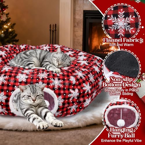 Christmas Cat Tunnel Tree Skirt – Warm Flannel Donut Tunnel Bed with Soft Cushion & Hanging Ball Toy, Peekaboo Cat Cave Under Tree for Indoor Cats to Prevent Christmas Tree Falling, Plaid Red - Image 2