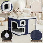 Cat Houses for Indoor Cats, Covered Cat Cave Bed with Scratch Pad and Fluffy Ball, Foldable Cat Hideaway Condo for Large Cats, Modern Kitten Bed,16.5x16.5x13 inches (Blue, Large) - Image 2