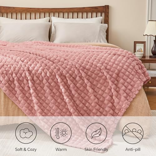BEDELITE Dusty Pink Checked Fleece Twin Throw Blanket for Bed, 60x80 Inch - Image 5