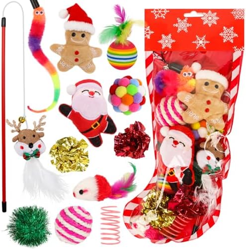 Christmas Stocking Cat Toys, 12PCS Xmas Cat Toy Set with Squeaky Toys, Balls, Cat Teaser by Yeghujar