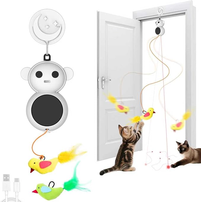 Automatic Laser Cat Toys, Flying Bird Feather Cat Wand Toy for Bored Kitten | Catpick toy Interactive Doorway Toys with Hanging Feather Bird for Exercise& Enrichment, for Indoor Adult Cat, Pear White