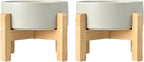 SPUNKYJUNKY Ceramic Elevated Dog Bowls 2 Pack - 6.1inch Raised Dog Bowls with Non-Slip Wooden Stand for Medium Dogs Dishwasher Safe(Grey,28.7OZ*2)