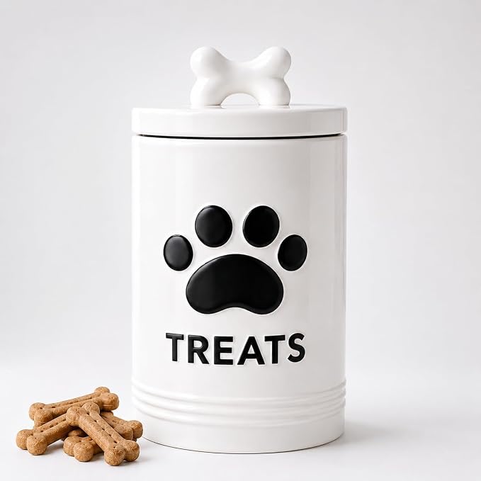 White Dog Treat Container, 5.3''×9.1'', with Airtight Lid, 7 Cups Capacity