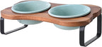 SPUNKYJUNKY Ceramic Elevated Tilted Dog Bowls Bone-Shaped Raised with 2 Height Iron Stand, 4.9'' Dog and Cat Food Water Bowls Set Non-Slip for Puppy Kitten Small Sized Breed - 7 OZ,Light Green
