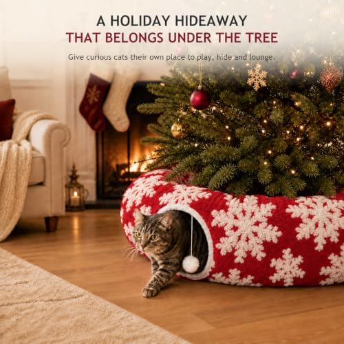 Christmas Snowflake Cat Tunnel Bed Under Tree, Velvet Jacquard, 10" x3 Ft - Image 2