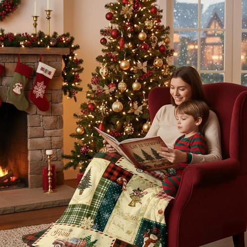 Neasow Vintage Christmas Throw Blanket, Retro Patchwork Grid Design Soft Fuzzy Cozy Flannel Blanket Gift for Family and Friends Home Sofa Couch Chair Decorative 50x60 Inch - Image 5