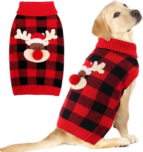 Dog Christmas Sweater Cute Dog Christmas Outfit with 3D Reindeer Pattern Soft Warm Turtleneck Knitted Pet Clothes Cold Weather Puppy Clothes for Small Medium Large Dogs Cats by BAOBICUTE