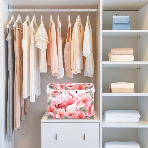 Bolaz Storage Bins with Lids and Handles,Pink Flamingo Storage Box Storage Basket with Cover Collapsible Organizer Containers for Home Closet, Shelves - Image 6