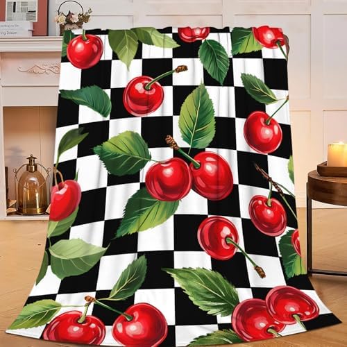 Cherry Blanket for Girls Women Adults Kids Soft Cozy Fleece Fruit Buffalo Plaid Preppy Gifts Throw Blankets Warm Flannel Plush Lightweight Decor for Couch Bed Sofa 60"X50" by Unknown