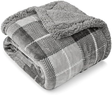 PAVILIA Twin Plaid Sherpa Throw Blanket for Couch Sofa Bed Light Grey 60x80 by PAVILIA