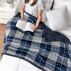 PAVILIA Twin Plaid Sherpa Throw Blanket for Couch Sofa Bed, Navy, 60x80 - Image 3