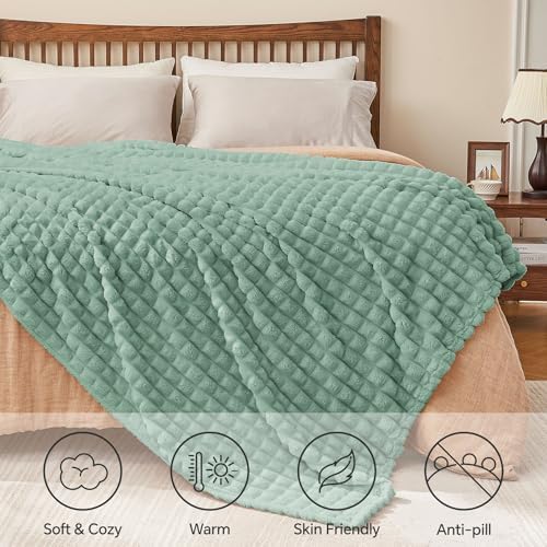 BEDELITE Sage Green Checked Fleece Twin Throw Blanket for Bed, 60x80 Inch - Image 5