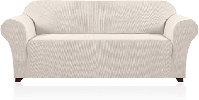 Stretch Sofa Cover Slipcover Couch Covers for 3 Cushion Couch Furniture Protector Sofa Covers with Non Slip Elastic Bottom Dogs Pet Friendly Fitted (Sofa, Ivory)
