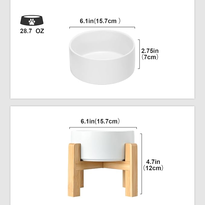 SPUNKYJUNKY Ceramic Elevated Dog Bowls 2 Pack - 6.1inch Raised Dog Bowls with Non-Slip Wooden Stand for Medium Dogs Dishwasher Safe(White,28.7OZ*2)