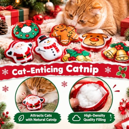 Christmas Plush Cat Toys, 6PCS Xmas Squeaky Cat Toy Set (Santa, Snowman, Gingerbread Man, Bell, Reindeer, Stocking), Indoor Interactive Cat Gift - Image 3