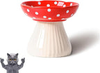 Mushroom Cat Bowl-Whisker Fatigue Cat Bowl,Cute Cat Bowls,Elevated Cat Food Bowl, Lead & Cadmium Free Ceramic Cat Bowls for Food and Water.(Red)