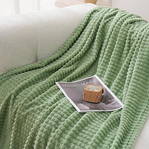 Puncuntex Fleece Throw Blanket Sage Green 60"×80" with Square Grid Design - Image 4