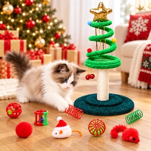 Christmas Tree Cat Scratcher with 8 Interactive Toys, Multi-Level Cat Tower - Image 2