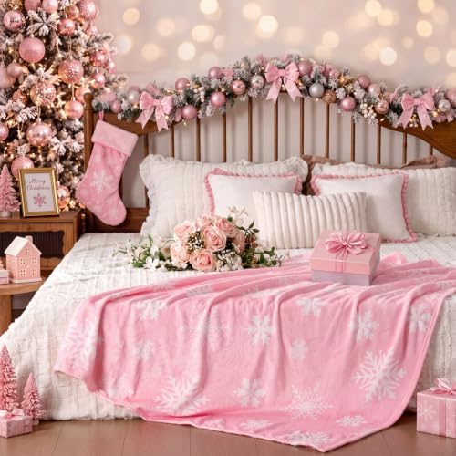 Fuweave Pink Christmas Throw Blanket 50 x 60 Inches Snowflake Throw Blanket - Image 5