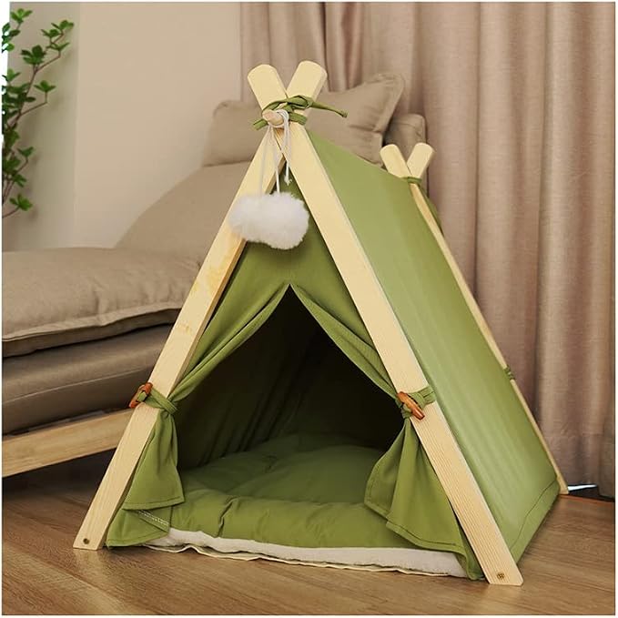 Solid Wood Cat Indoor Tent with Thick Mat,Portable Dog House Dog Teepee Tent,Cute Cat Teepee Cave Cat Bed,Dog Bed (Green)