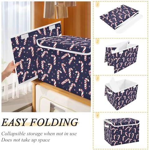 Bolaz Storage Bins with Lids and Handles,Christmas Candy Cane Pattern Storage Box Basket with Cover Collapsible Organizer Containers for Home Closet, Shelves - Image 4