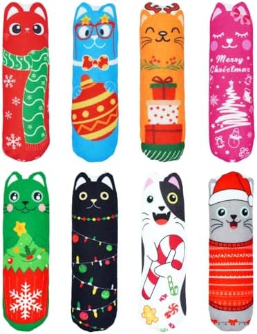 PET SHOW 8 Pack Christmas Cat Kicker Toys with Catnip Crinkle Sound Toys for Indoor Cats Xmas Santa Gift Patterns Plush Kittens Shape Natural Interactive Pet Kitty by PETSHOW