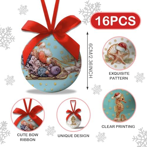Coastal Christmas Decor - Beach Christmas Tree Ornaments Beach Ornaments Nautical Hanging Balls, Cute Decorations Ball 2.36 Inch for Xmas Tree Party Home Holiday，Xmas Gifts Set of 16Pcs - Image 2