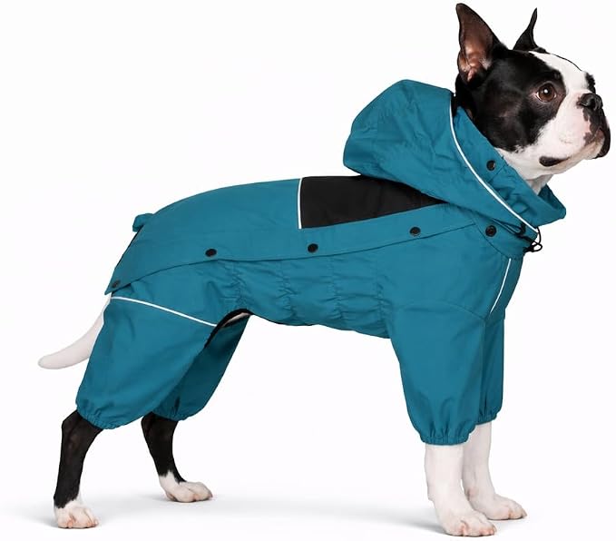 LOVELONGLONG Waterproof Dog Raincoat with Removable Hood – Outdoor Full Body Dog Jacket, Windproof Snowproof Shell Suit – All Season Pet Rain Gear Ocean Teal L