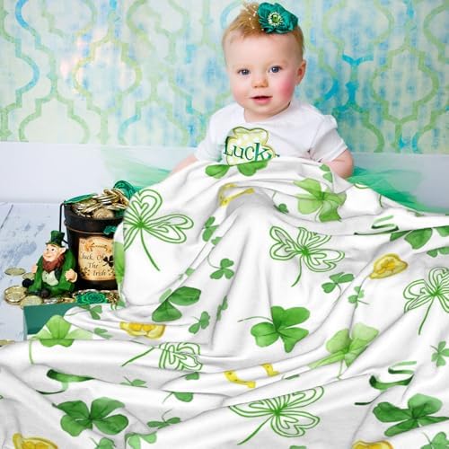 St. Patrick's Day Shamrock Throw Blanket, Ireland Greens Clovers Gold Coin Horseshoe Flannel Blanket, Soft Lightweight Warm Fleece Blanket for Sofa Chair Couch, 30 x 40 Inch - Image 2