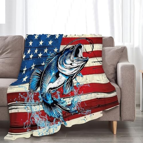 Bass Fish Blanket American Flag Fishing Throw Stuff Gifts 80"x60" - Image 3