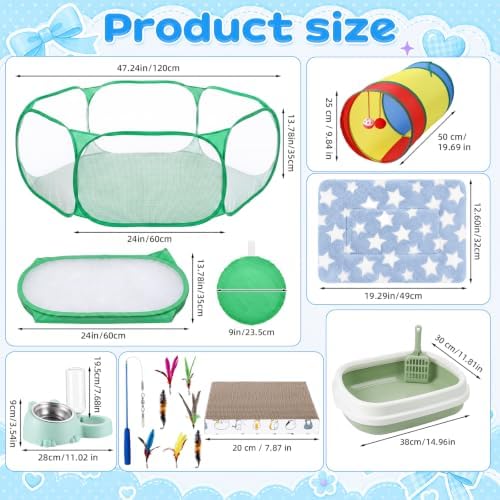13 Pcs Kitten Starter Kit with Playpen Litter Box Feeder, Green - Image 3