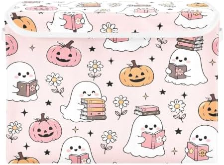 Bolaz Halloween Ghost Pumpkin Pink Storage Bins with Lids and Handles, Storage Box Basket with Cover Collapsible Organizer Containers for Home Closet, Shelves - Image 2