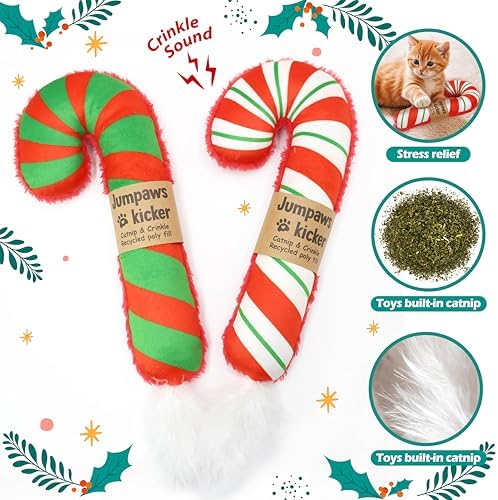 Jumpaws 2 Pack Natural Interactive Catnip Cat Kicker Toys, Bite Resistant Chew Toy, Accessories for Indoor Cat, Christmas Candy Cane - Image 2