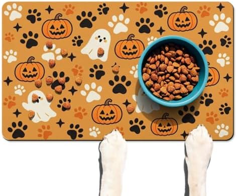 Halloween Dog Food & Water Mat, Orange Pumpkin Ghost Paw Prints Pet Feeding Mat for Floor Non-Slip Waterproof, Super Absorbent Cat Bowl Mat, Easy to Clean Pet Placemat,12" × 20" - Image 7