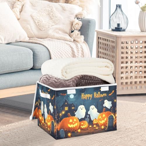 Bolaz Storage Bins with Lids and Handles,Halloween Background with Pumpkins Ghosts and Cemetary Storage Box Storage Basket with Cover Collapsible Organizer Containers for Home Closet, Shelves - Image 5