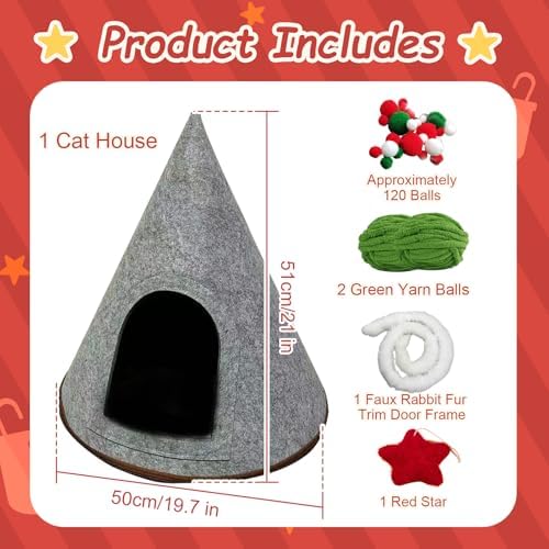 DIY Christmas Tree Cat Bed Set, Christmas Pet Tree House Package, DIY Felt Xmas Cave, Indoor Kittens Felt Nest Cats Hideaway, Teepee Furniture Decorations for Family & Friends (A, Under 12lb) - Image 6